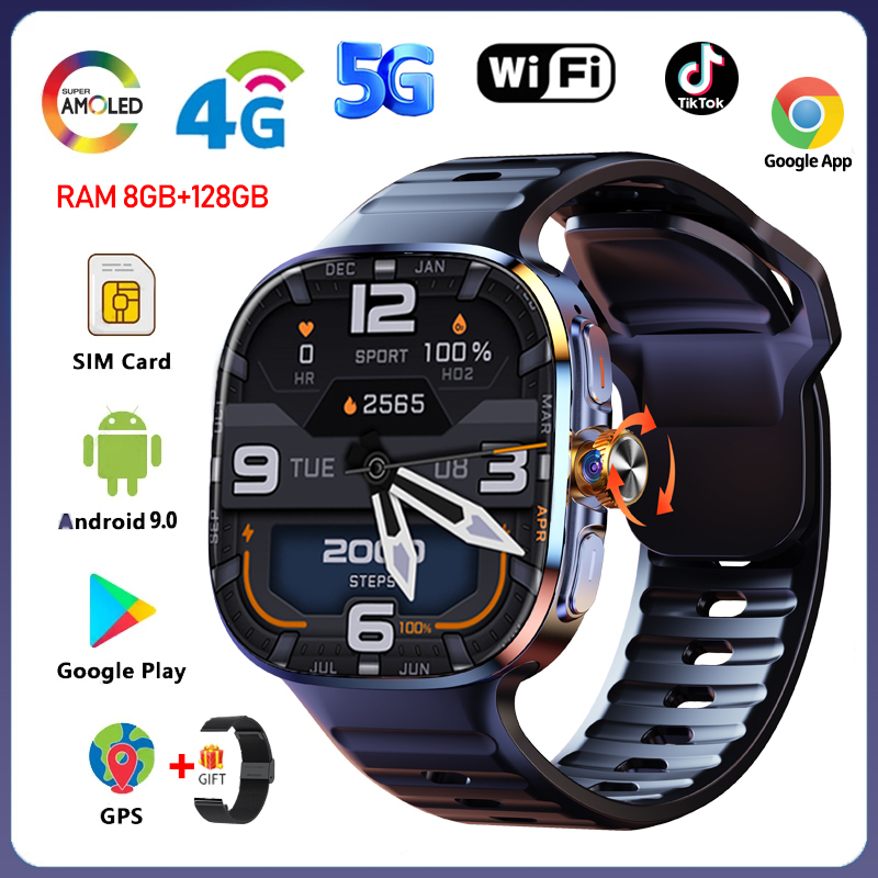 5G/4G Android 9.0 Smart Watch 2.40 inch 720*720 AMOLED HD 900W Camera Call 8GB+128GB RAM 2100mAh GPS WIFI Google APPS Smartwatch