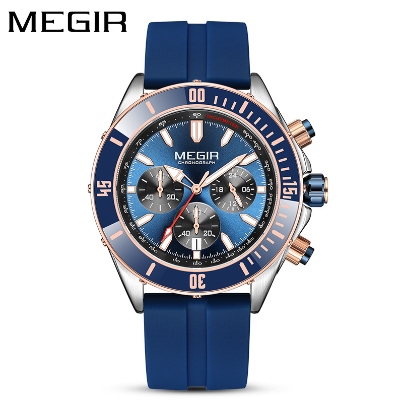 MEGIR 2226 Men Quartz Watch Silver Blue Black Business Chronograph Luminous Wristwatch with Stainless Steel Silicone Strap
