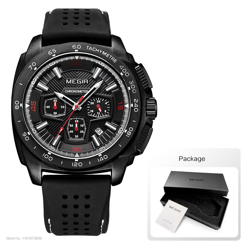 Megir Males Mens Chronograph Sport Watches with Quartz Movement Rubber Band Luminous Wristwatch for Man Boys 2056G-1N0