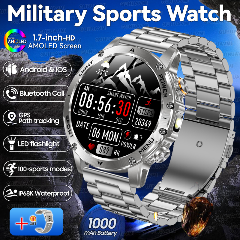 2025 New T-Rex 3 Military Grade 1000mAh Battery Smart Watch 5ATM Waterproof HD AMOLED LED Flashlight Call Men Sports Smartwatch