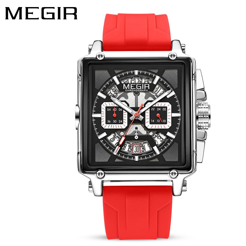 MEGIR 2233 Fashion Silicone Strap Luxury Square Watch Men's Watch Disc Quartz Chronograph Calendar Waterproof Watches for Men