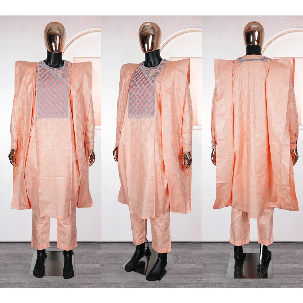 2025 New African Clothes for Men Dashiki Tradition Outfit Robe Embroidery Tops Pants Suits Bazin Muslim Wedding Party Clothing