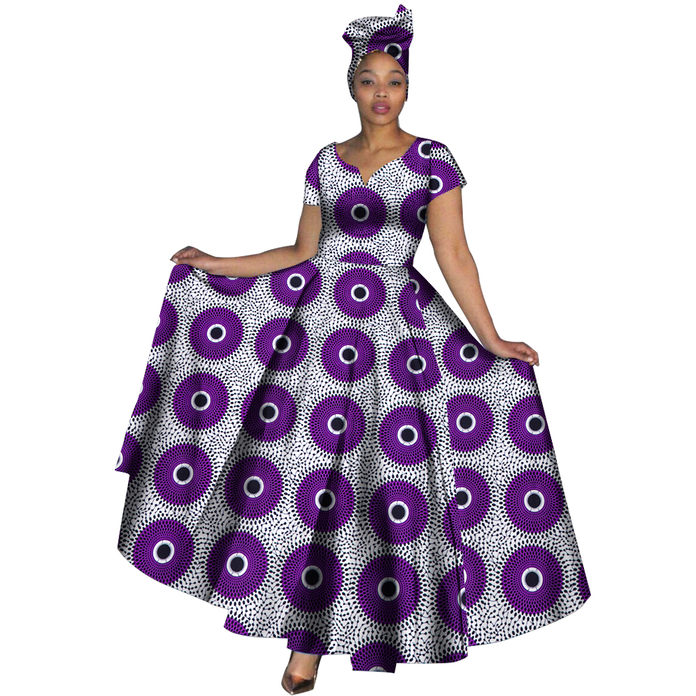 Fashion Women Clothes African Dresses Ankara Print V-neck Maix Long Dresses with Head Scarf Dashiki Women Outfit WY749