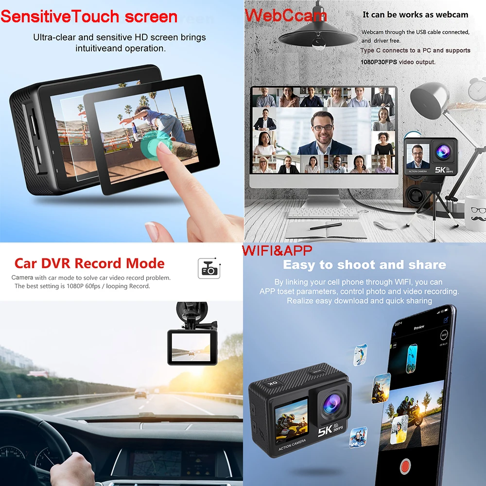 Action Camera 5K 4K60FPS 50MP 2.0 Touch EIS Pre-Record Wireless Mic Wi-Fi 170D DVR Webcam Waterproof 30M 5X Zoom Sports Camera