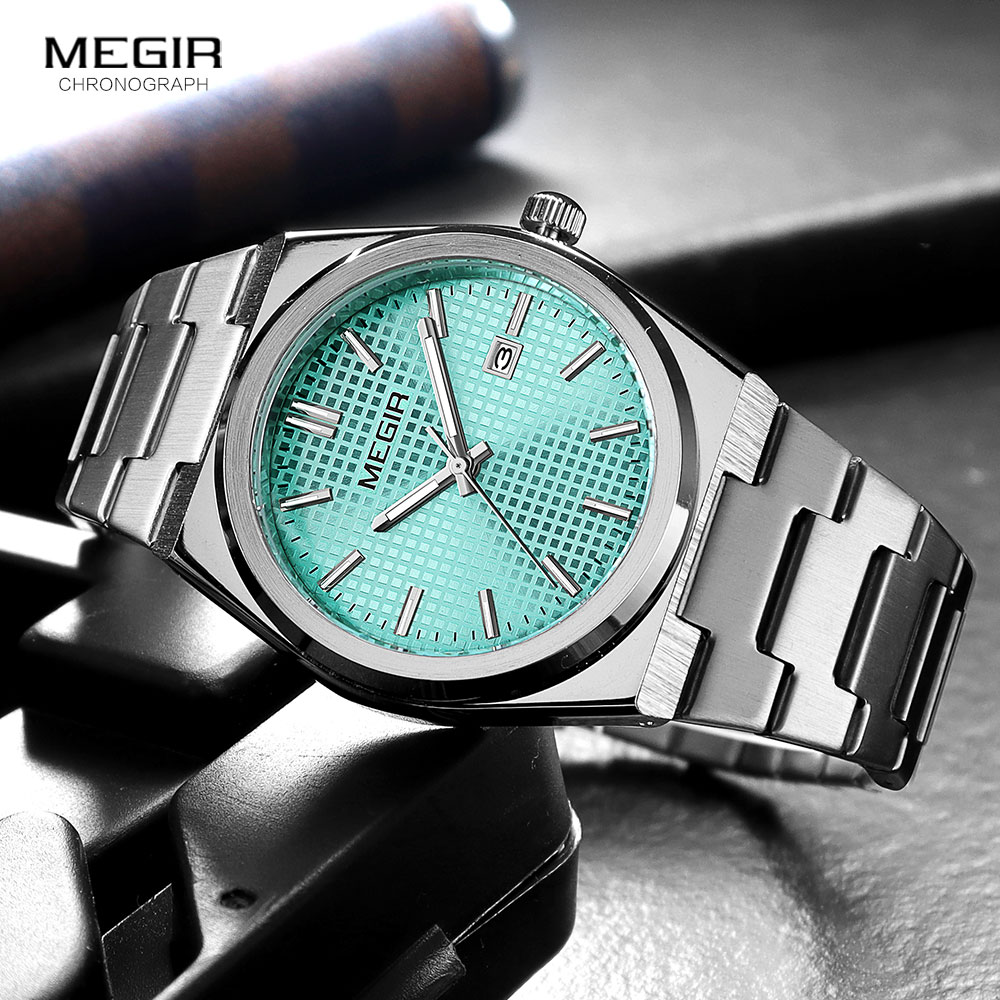 MEGIR Fashion Analog Quartz Watch for Men Steel Strap Dress Waterproof Luminous Wristwatch with Calendar Aquamarine Dial 1086