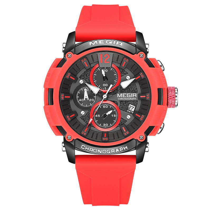 MEGIR 2208 Sport Factory Watches for Men Big Dieal Silicone Strap 3D Scale Waterproof Luminous Chronograph Quartz Wristwatch