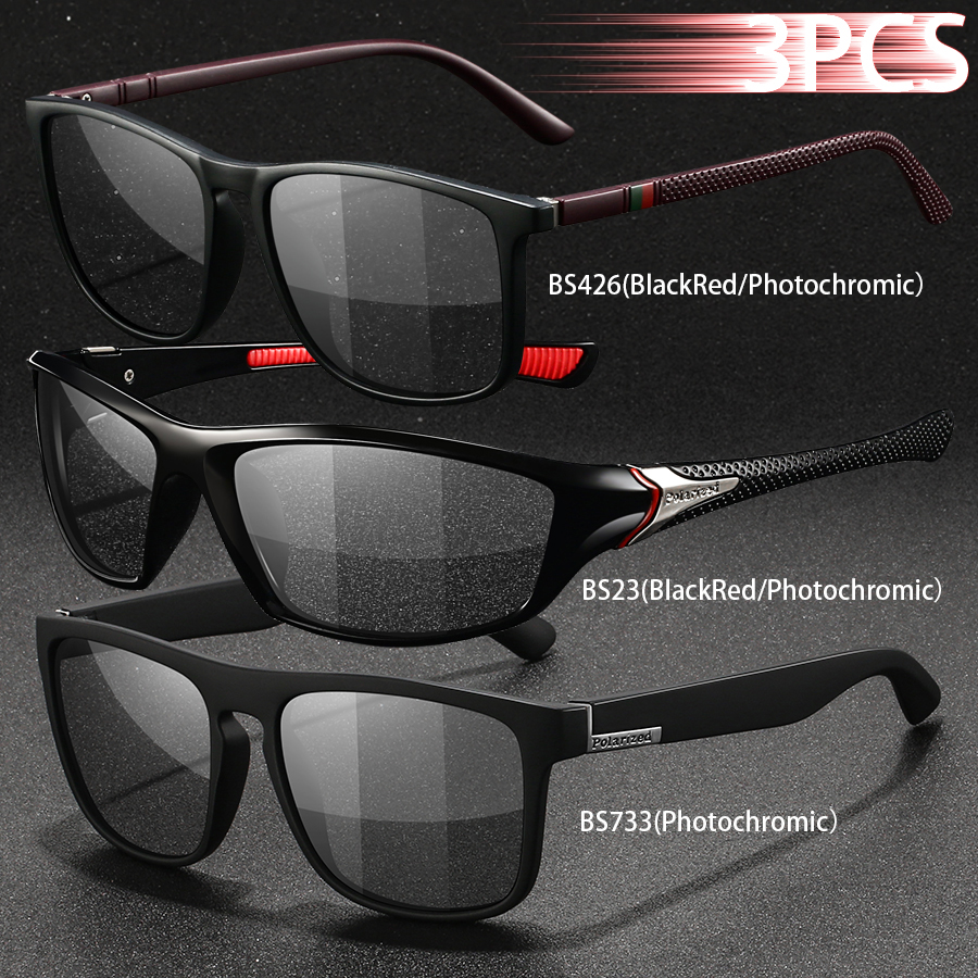 3PCS Photochromic Polarized Sports Vintage Sunglasses Men Women Cycling Driving Mountaineering Chameleon Sun Glasses UV400Eyewer