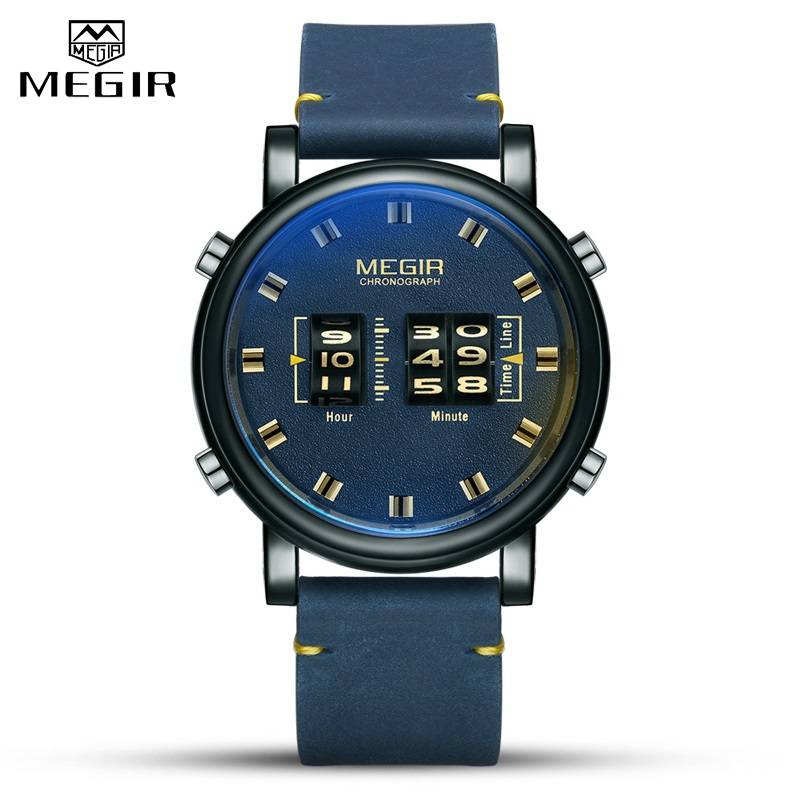 MEGIR Rolling Movement Watches for Men Personality Originality Roller Pointer Leather Fashion Casual Quartz Wristwatch Male