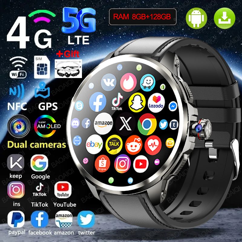 5G/4G All-Network Smart Watch 1.95 inch AMOLED 2100mah Battery 8GB+128GB RAM 900W Camera GPS WIFI Google APP Download Smartwatch