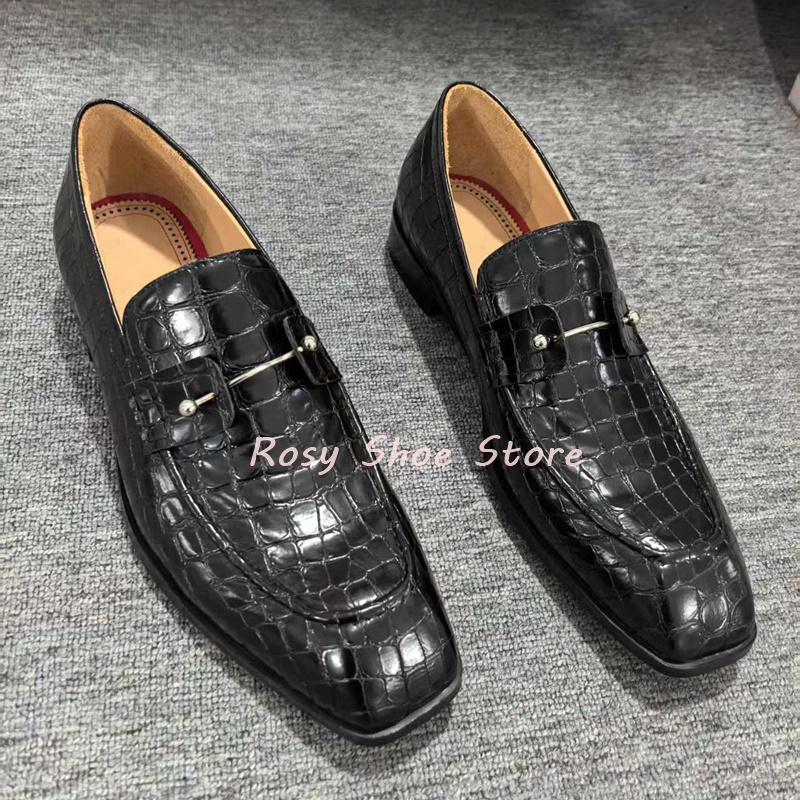 Men's Black Exquisite Crocodile Embossed Leather Shoes Fashion Silver Jewelry Embellishment Slip On Square Heel Business Shoes