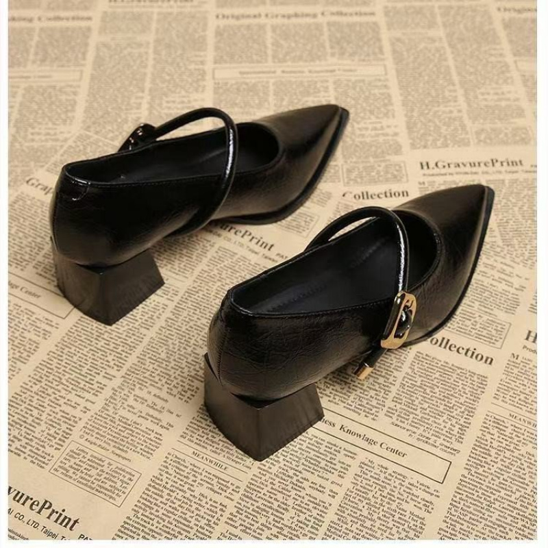 2025 Premium Leather Mary Janes - French Vintage Pointed Toe Pumps Chunky Heel Single Strap Shoes Buckle Decor