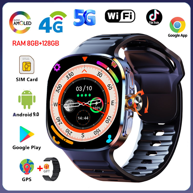 5G/4G Android 9.0 Smart Watch 2.40 inch 720*720 AMOLED HD 900W Camera Call 8GB+128GB RAM 2100mAh GPS WIFI Google APPS Smartwatch
