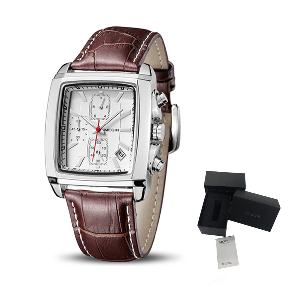 MEGIR Watch Men Business Wristwatch Rectangle Quartz Military Watches Waterproof Luminous Leather Casual Clock Reloj Hombre 2028