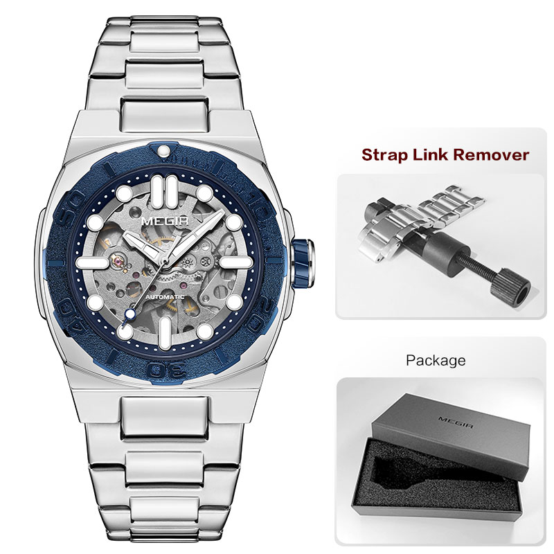 MEGIR Business Style Watch for Men Fashion Automatic Mechanical Wristwatch with Transparent Skeleton Dial & Stainless Steel Band