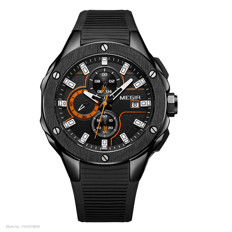 MEGIR Men's Sports Quartz Watches Fashion Silicone Strap Chronograph Wristwatch for Man Luminous Hands Waterproof 2053GBK