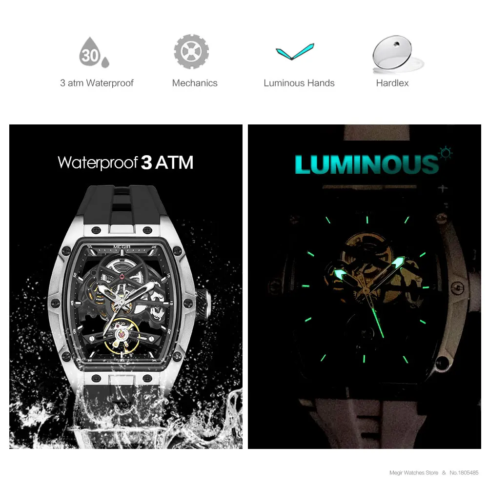 MEGIR Automatic Wristwatch Men Fashion Black Silicone Strap Wateproof Luminous Sport Mechanical Watch with Tonneau Dial 2242