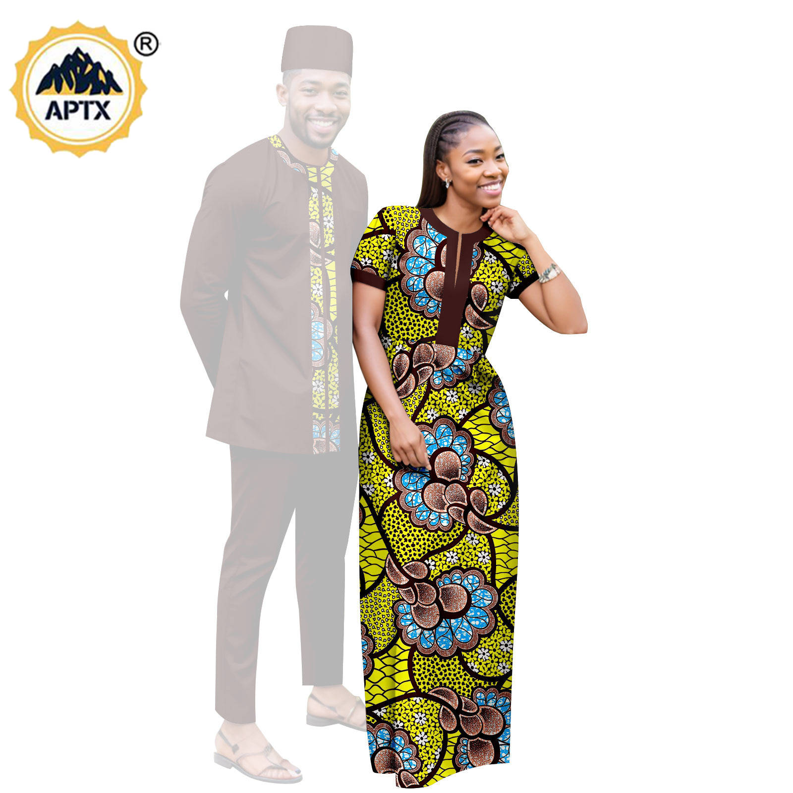 Dashiki African Clothes Print Long Dresses for Women Matching Couple Outfits Bazin Riche Men Hat Top Tee and Pant Sets Y23C119