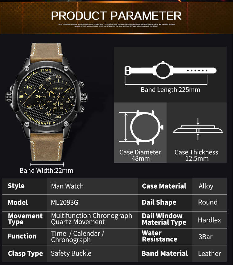 MEGIR Men's Casual Chronograph Luxury Leather Strap Quartz Sport Wristwatch Clock Waterproof Man Business Watches Reloj Hombre