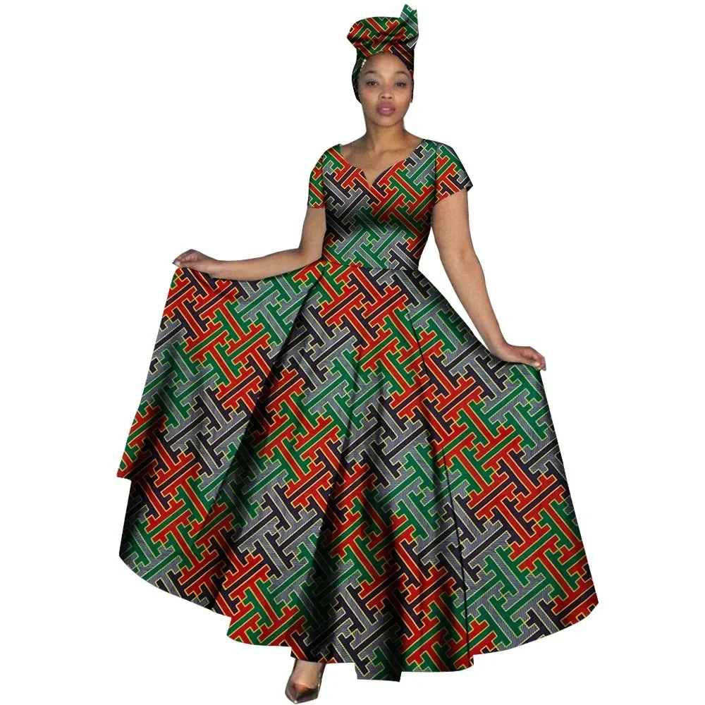 Fashion Women Clothes African Dresses Ankara Print V-neck Maix Long Dresses with Head Scarf Dashiki Women Outfit WY749
