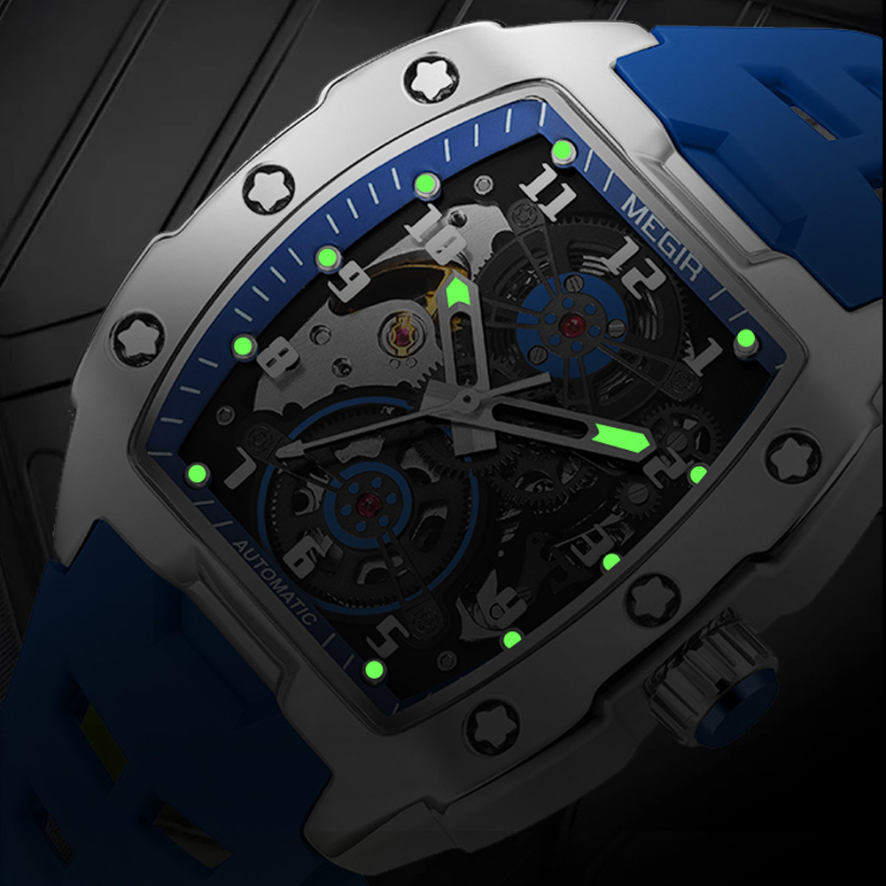 MEGIR Blue Automatic Mechanical Watch for Men Fashion Casual Sport Waterproof Wristwatch Male with Silicone Strap Tonneau Dial