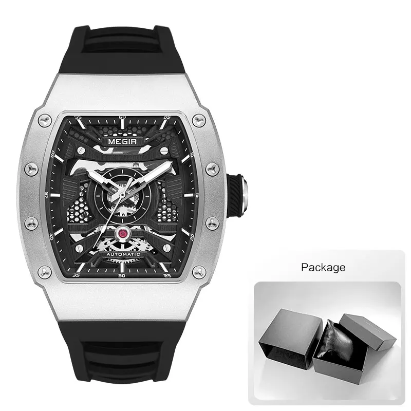 MEGIR 8604 Men's Wine Barrel Automatic Mechanical Watch Fashion and Leisure Silicone Strap Fashion Night Light Watches for Man