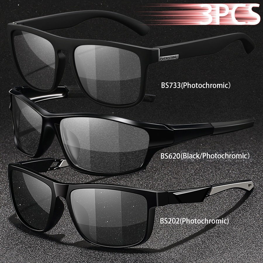 3PCS Photochromic Polarized Sports Vintage Sunglasses Men Women Cycling Driving Mountaineering Chameleon Sun Glasses UV400Eyewer