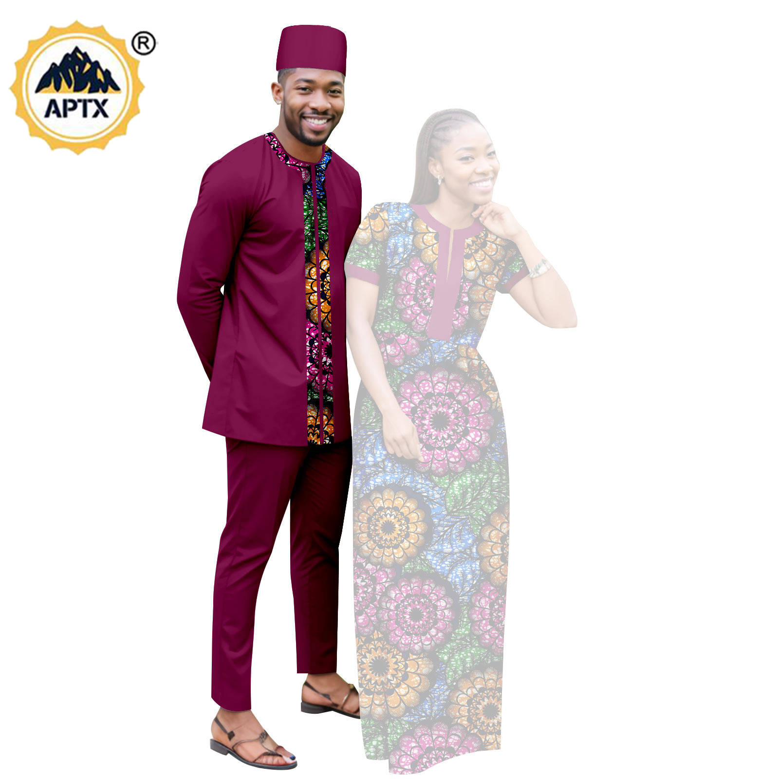 Dashiki African Clothes Print Long Dresses for Women Matching Couple Outfits Bazin Riche Men Hat Top Tee and Pant Sets Y23C119