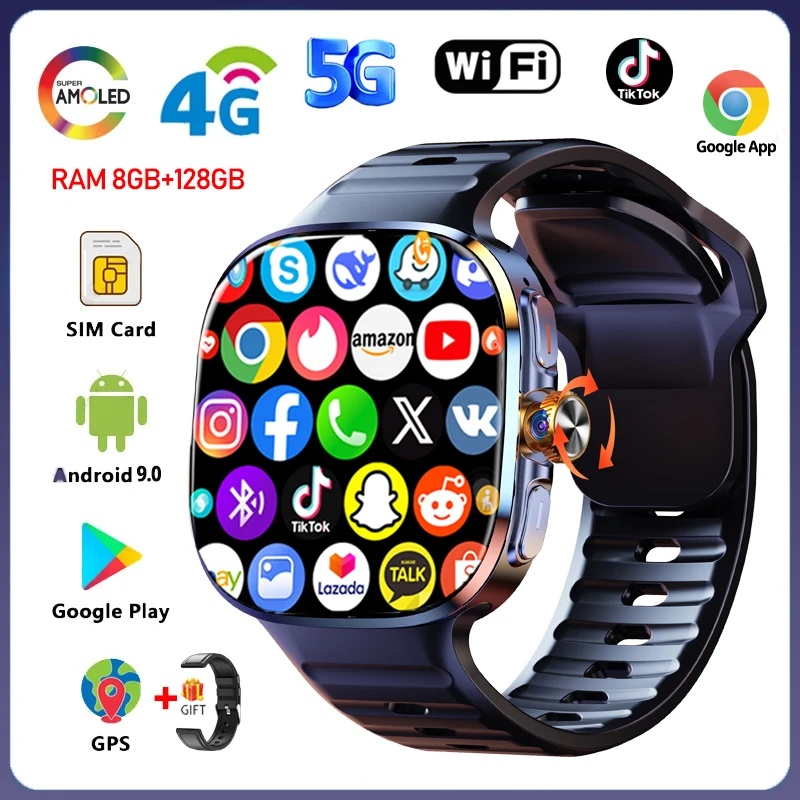 5G/4G Android 9.0 Smart Watch 2.40 inch 720*720 AMOLED HD 900W Camera Call 8GB+128GB RAM 2100mAh GPS WIFI Google APPS Smartwatch