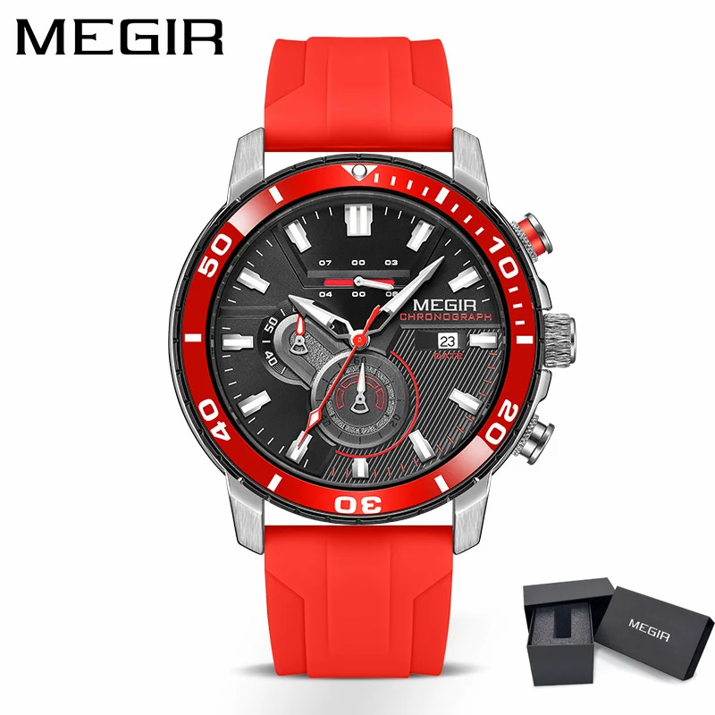 MEGIR 2224 Men's Quartz Watch Sport Fashion Creative Waterproof Silicone Strap Chronograph Night Light Date Watches for Man