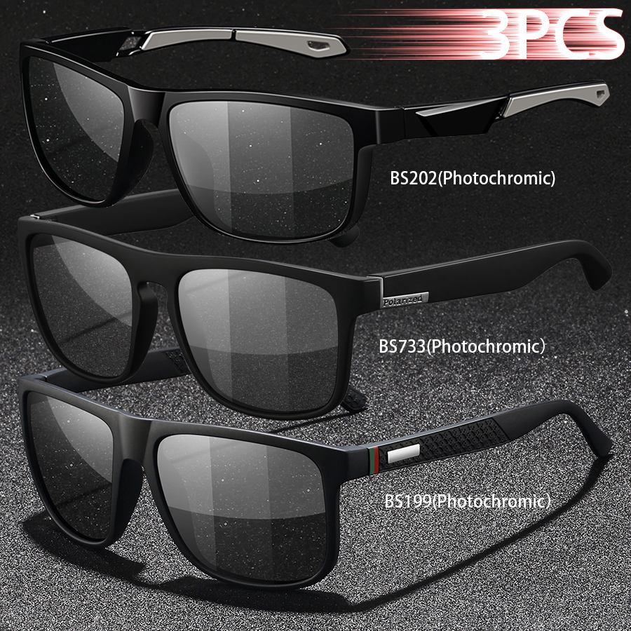 3PCS Photochromic Polarized Sports Vintage Sunglasses Men Women Cycling Driving Mountaineering Chameleon Sun Glasses UV400Eyewer