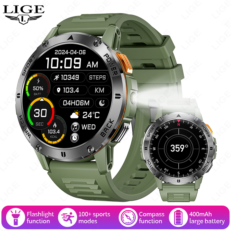 LIGE 2025 Outdoor GPS Sports Tracker Smart Watch Men Compass Bluetooth Call Waterproof Smartwatch LED Flashlight Ftiness Watches