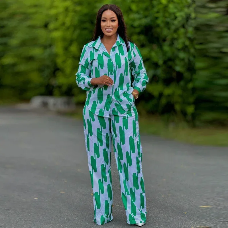 African Fashion Stripe Two Piece Set Women Spring Autumn Casual Button Long Sleeved Shirt Wide Leg Pants Two Piece Set Women