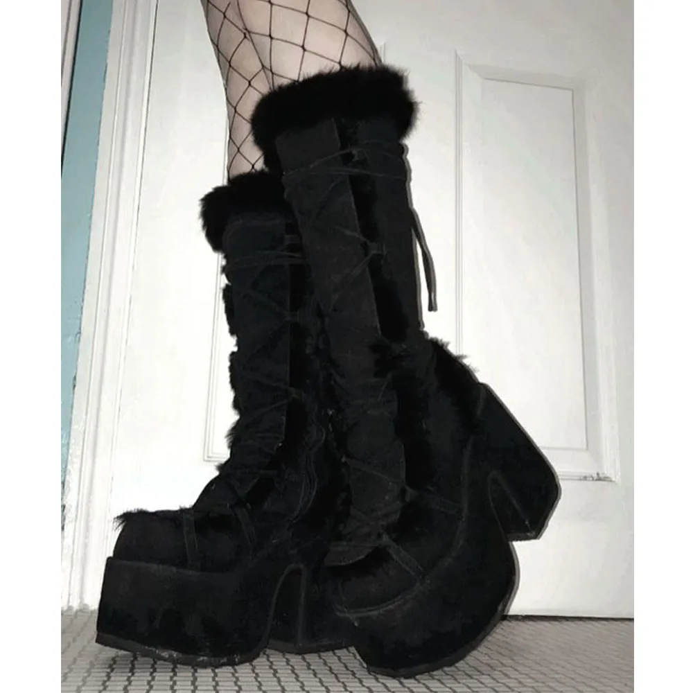 2024 Winter Big Size 43 y2k White Punk Style Women's Faux Fur Chunky Platform Boots Gothic Black Block High Heels Shoes
