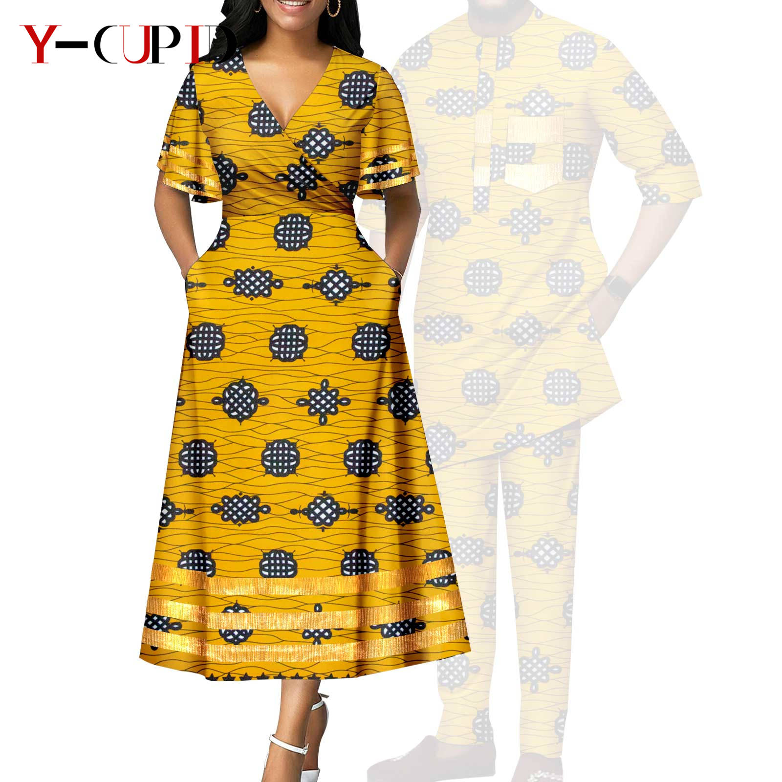 African Print V-neck Dresses for Women Couple Matching Men Outfits Top and Pant Sets Dashiki Bazin Riche Lover Outwear Y23C086