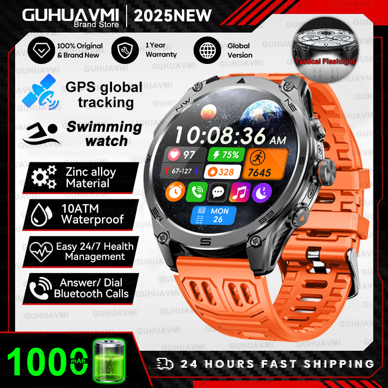 2025 New Military Smart Watch 1000Mah Battery GPS Compass 10ATM Waterproof Tactics Sport Flashlight BT call Smart Watch For Men
