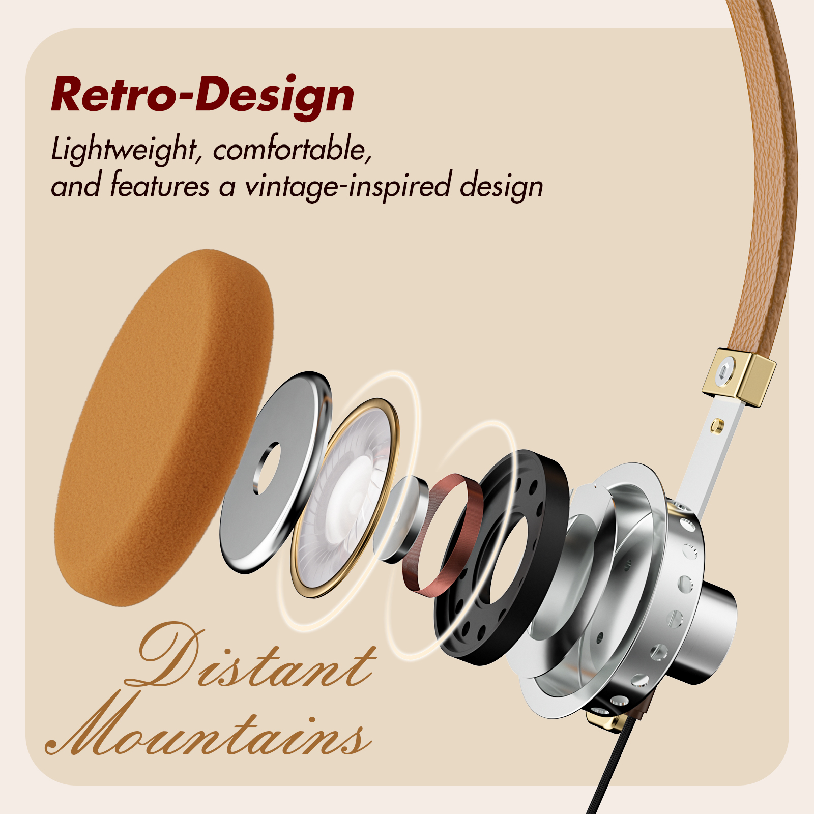 ROSESELSA Distant Mountain Retro On-Ear Wired Headphones Fashionable Headset Metallic HiFi Earphones