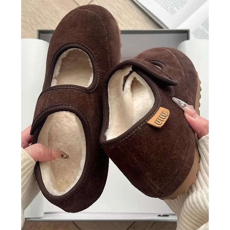 Thick Heel Mary Janes Women's Shoes Fleece Lined Casual Fur Slip-On Autumn Winter Rubber Sole round Toe Commuter Style Shoes