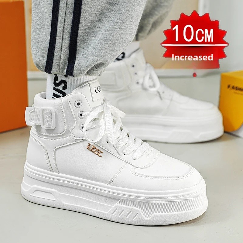 New Autumn/Winter Men's Casual Sneakers 12cm Increased Height 10cm Thick Sole White Shoes High Top Rubber Base Male Footwear