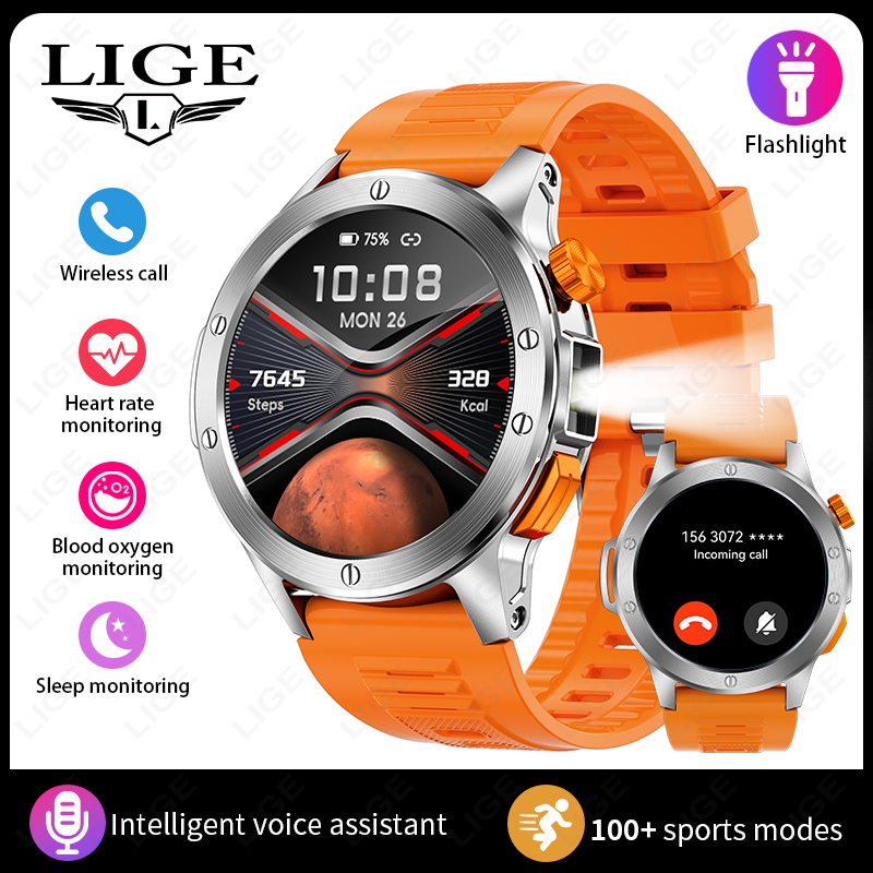LIGE Fashion Smart Watch Men Voice Assistant Bluetooth Call Heart Rate Monitoring IP68 Waterproof LED Flashlight Men SmartWatch