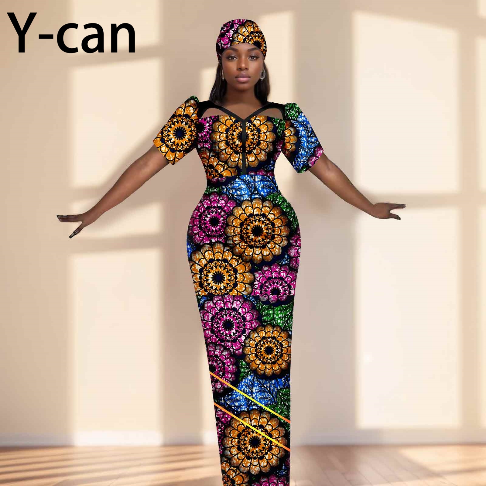Party Gown African Dresses for Women Slim Fit Short Sleeve Dress Evening Vestidos with Headwrap Dashiki Ankara Print 2525071