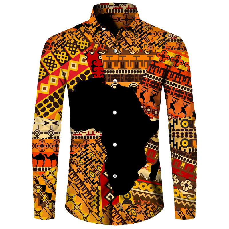 African Ethnic Pattern Hawaiian Shirts For Men Retro Drum 3D Printed Blouse Autumn Fashion Casual Loose Aloha Shirts Long Sleeve