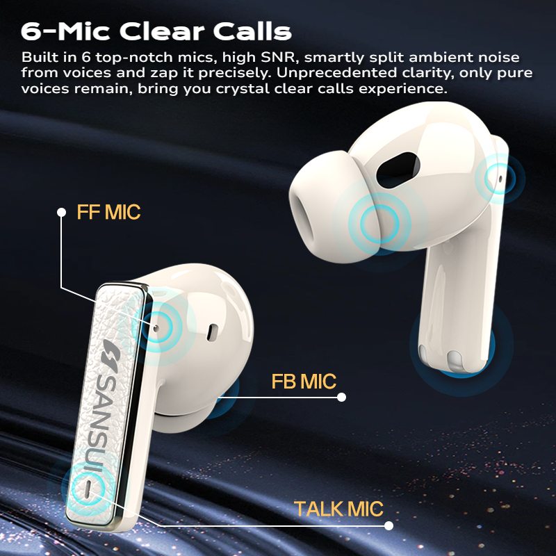 Sansui -52dB ANC Ture Wireless Earphones 6 Mic HD Calls Bluetooth 5.4 Headphone Active Noise Cancelling TWS Bluetooth Earbuds