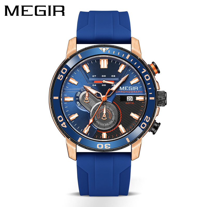 MEGIR 2224 Men Quartz Watch Sport Fashion Creative Cool Orange Silicone Strap Chronograph Luminous Date Wristwatch for Male