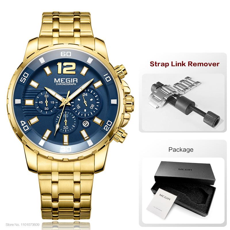 Megir Men's Gold Stainless Steel Quartz Watches Business Chronograph Analgue Wristwatch for Man Waterproof Luminous 2068GGD-2N3