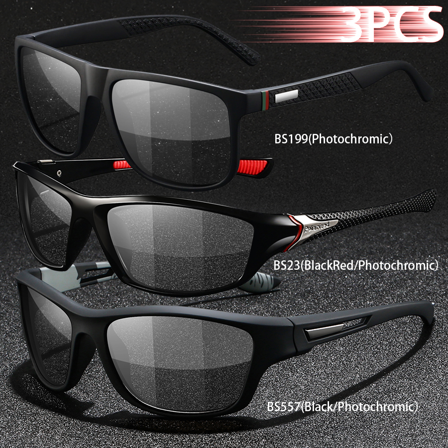 3PCS Photochromic Polarized Sports Vintage Sunglasses Men Women Cycling Driving Mountaineering Chameleon Sun Glasses UV400Eyewer