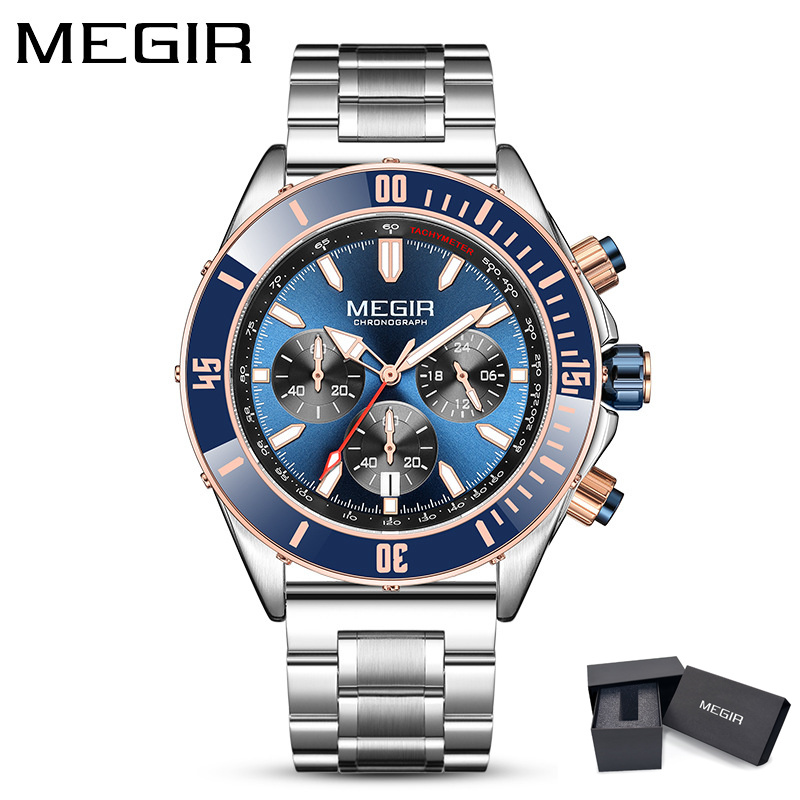 MEGIR 2226 Men Quartz Watch Silver Blue Black Business Chronograph Luminous Wristwatch with Stainless Steel Silicone Strap