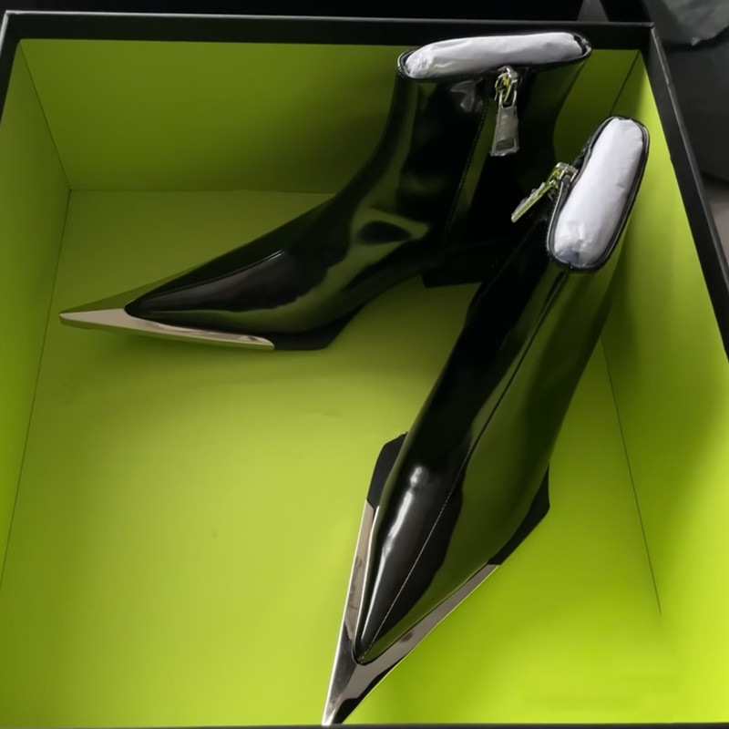 2025 Side Zipper Fashion Women's Ankle Boots Metal Pointed Toe Ladies Shoes Crude Heel Western Cowboy Boots