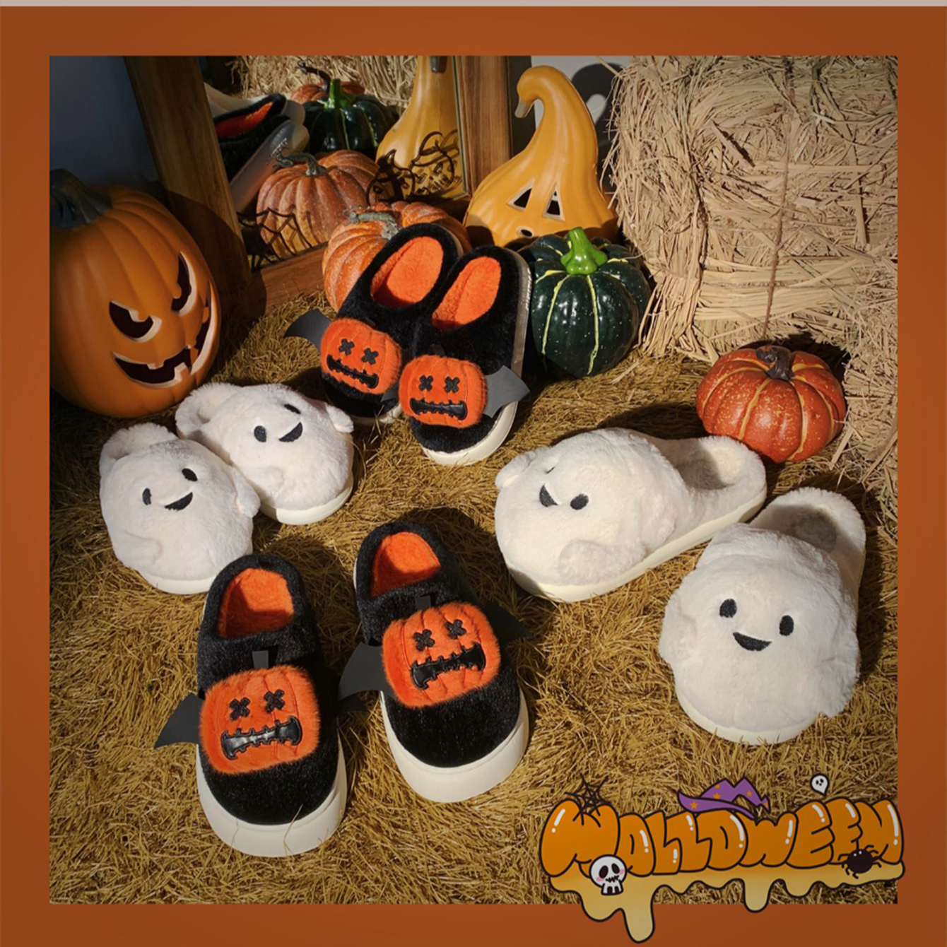 Halloween Ghost Pumpkin Bat Design Women Winter Slippers Casual Soft Heel Platform Fur Warm Indoor Comfortable Man Home Slippers