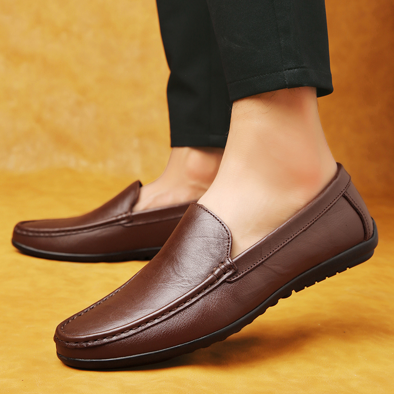 Spring Genuine Leather Men's Loafers Handmade Moccasins Casual Shoes Soft Sole Mens Business Flat Brown Minimalist Leather Shoes