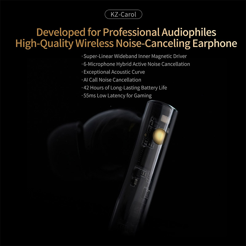 KZ Carol ANC True Wireless Earphone 55dB Active Noise Canceling TWS Headphone 6 Mics AI HD Call Bluetooth 5.3 HiFi in-Ear Earbud